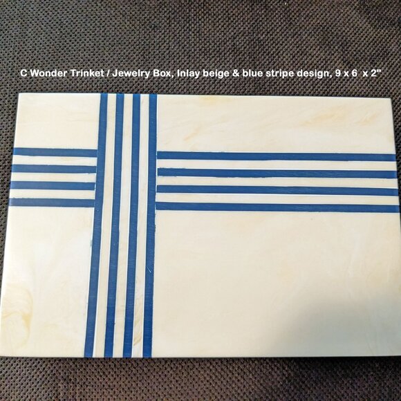 C Wonder Trinket / Jewelry Box, Inlay beige & blue stripe design, 9 x 6  x 2" - Picture 17 of 17